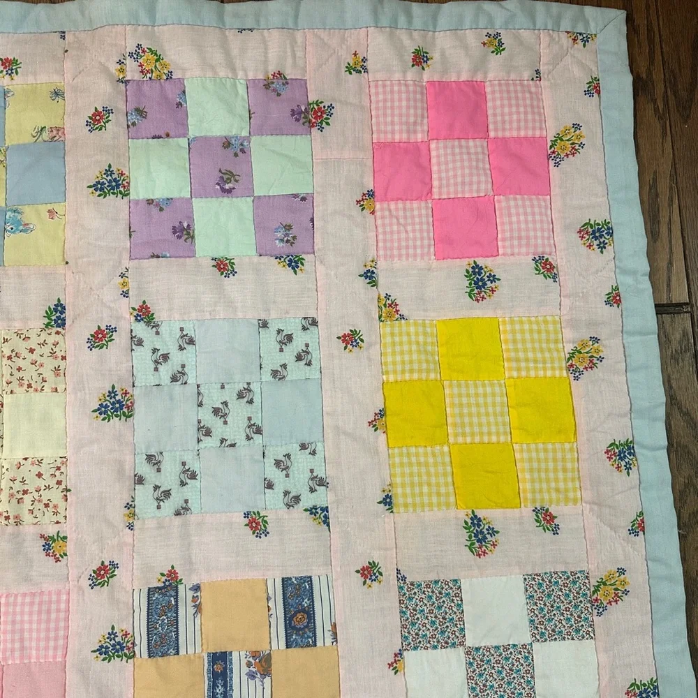 Handmade 9 Patch Pattern Baby Girl Quilt 36.6x52.5” Floral Bunnies Rooster